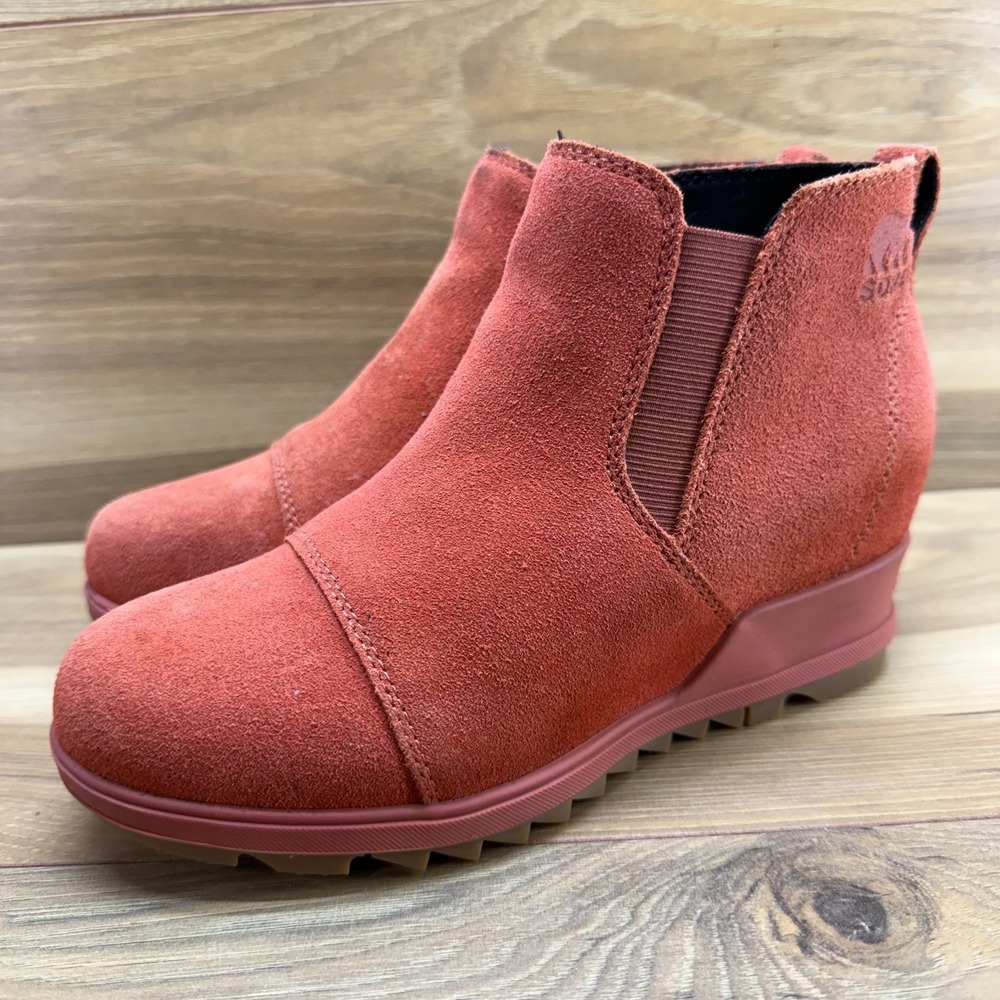 Sorel Evie Ankle Wedge Boots Womens 6 Warp Red Suede Slip On